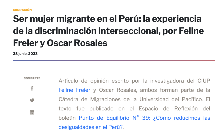 Ser mujer migrante en el Perú: la experiencia de la discriminación interseccional, por Feline Freier y Oscar Rosales